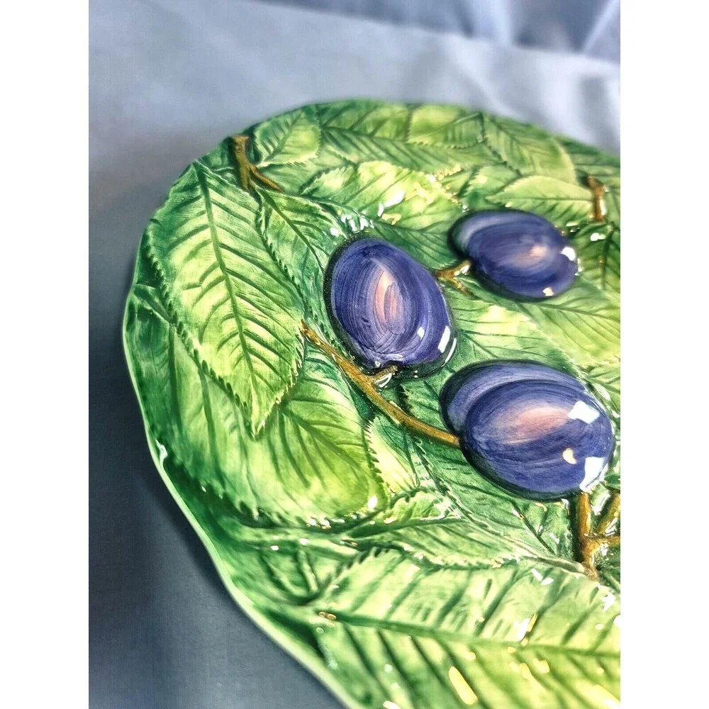 Italian Majolica Plates Cherries & Plum Hand Painted RARE 8''Raised Fruit VTG